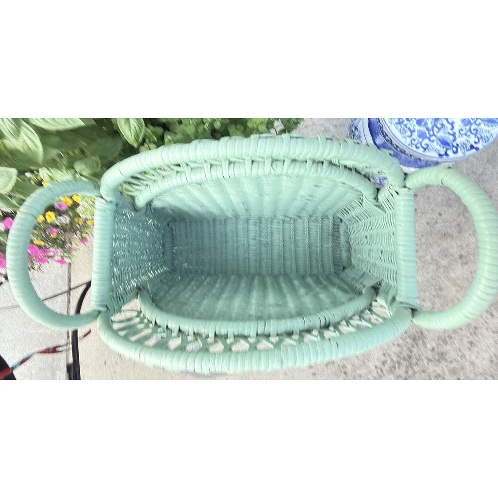 Vintage 1980s Seafoam Green Wicker Magazine Basket Boho Cottage Storage